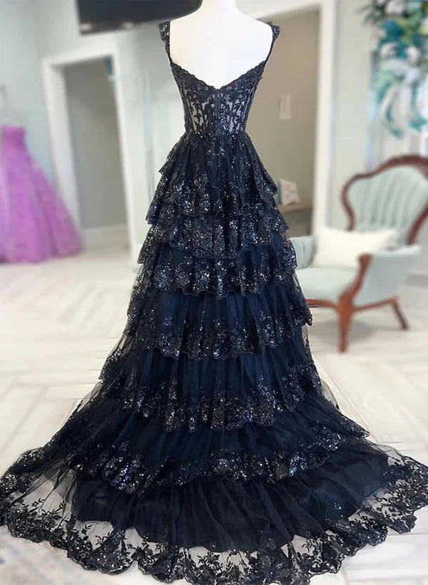 Navy Blue Tulle A-line Sweetheart Party Prom Dress